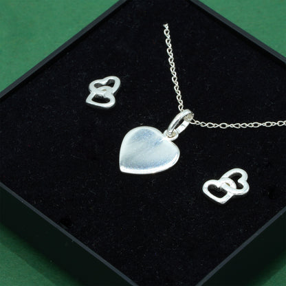 925 Sterling Silver Trace Cable Chain With Flat Heart Pendant Necklace & Double Open Heart Stud Earrings Set, Romantic Jewellery Gift for Her, Supplied in Gift Box
