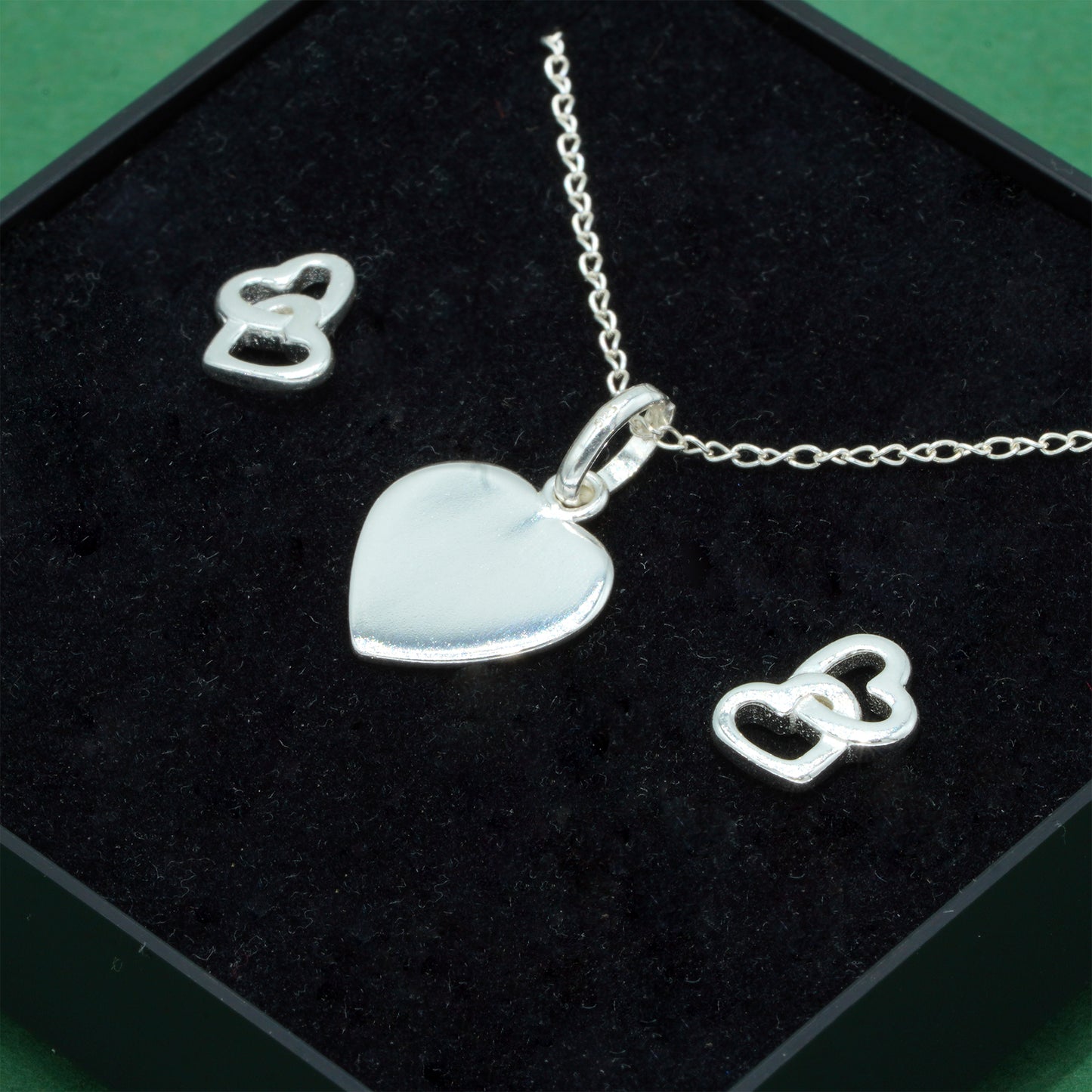 925 Sterling Silver Trace Cable Chain With Flat Heart Pendant Necklace & Double Open Heart Stud Earrings Set, Romantic Jewellery Gift for Her, Supplied in Gift Box