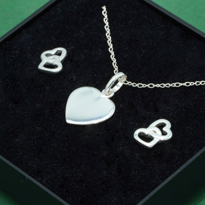 925 Sterling Silver Trace Cable Chain With Flat Heart Pendant Necklace & Double Open Heart Stud Earrings Set, Romantic Jewellery Gift for Her, Supplied in Gift Box