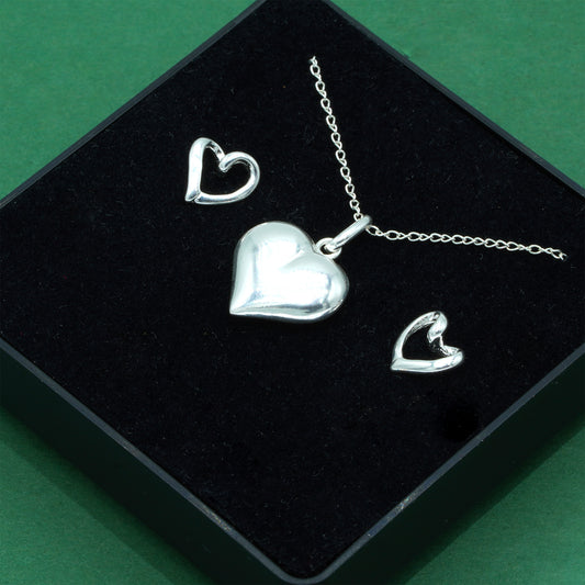 925 Sterling Silver Puffed Heart Pendant Necklace & Open Heart Stud Earrings Set, Romantic Jewellery Gift for Her, Supplied in Gift Box
