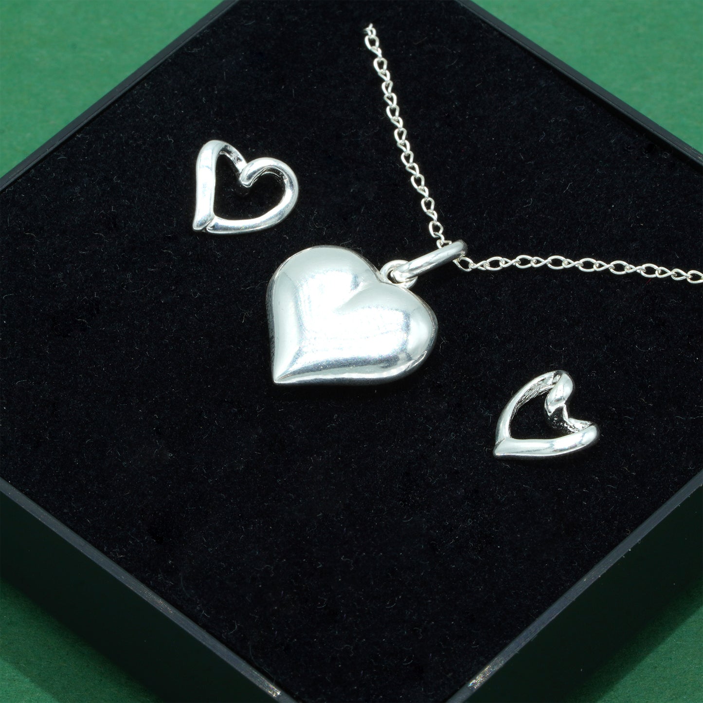 925 Sterling Silver Puffed Heart Pendant Necklace & Open Heart Stud Earrings Set, Romantic Jewellery Gift for Her, Supplied in Gift Box