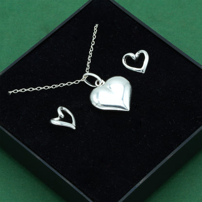 925 Sterling Silver Puffed Heart Pendant Necklace & Open Heart Stud Earrings Set, Romantic Jewellery Gift for Her, Supplied in Gift Box