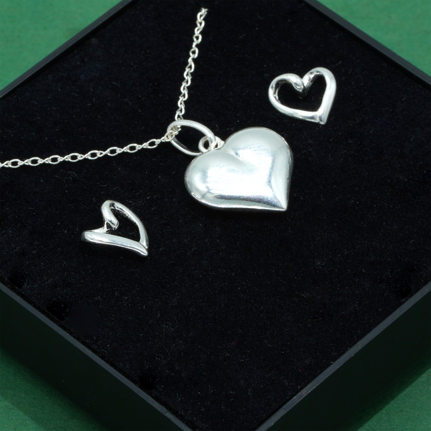 925 Sterling Silver Puffed Heart Pendant Necklace & Open Heart Stud Earrings Set, Romantic Jewellery Gift for Her, Supplied in Gift Box