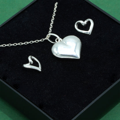 925 Sterling Silver Puffed Heart Pendant Necklace & Open Heart Stud Earrings Set, Romantic Jewellery Gift for Her, Supplied in Gift Box