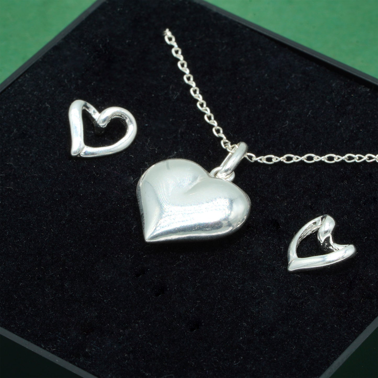 925 Sterling Silver Puffed Heart Pendant Necklace & Open Heart Stud Earrings Set, Romantic Jewellery Gift for Her, Supplied in Gift Box