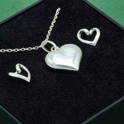 925 Sterling Silver Puffed Heart Pendant Necklace & Open Heart Stud Earrings Set, Romantic Jewellery Gift for Her, Supplied in Gift Box