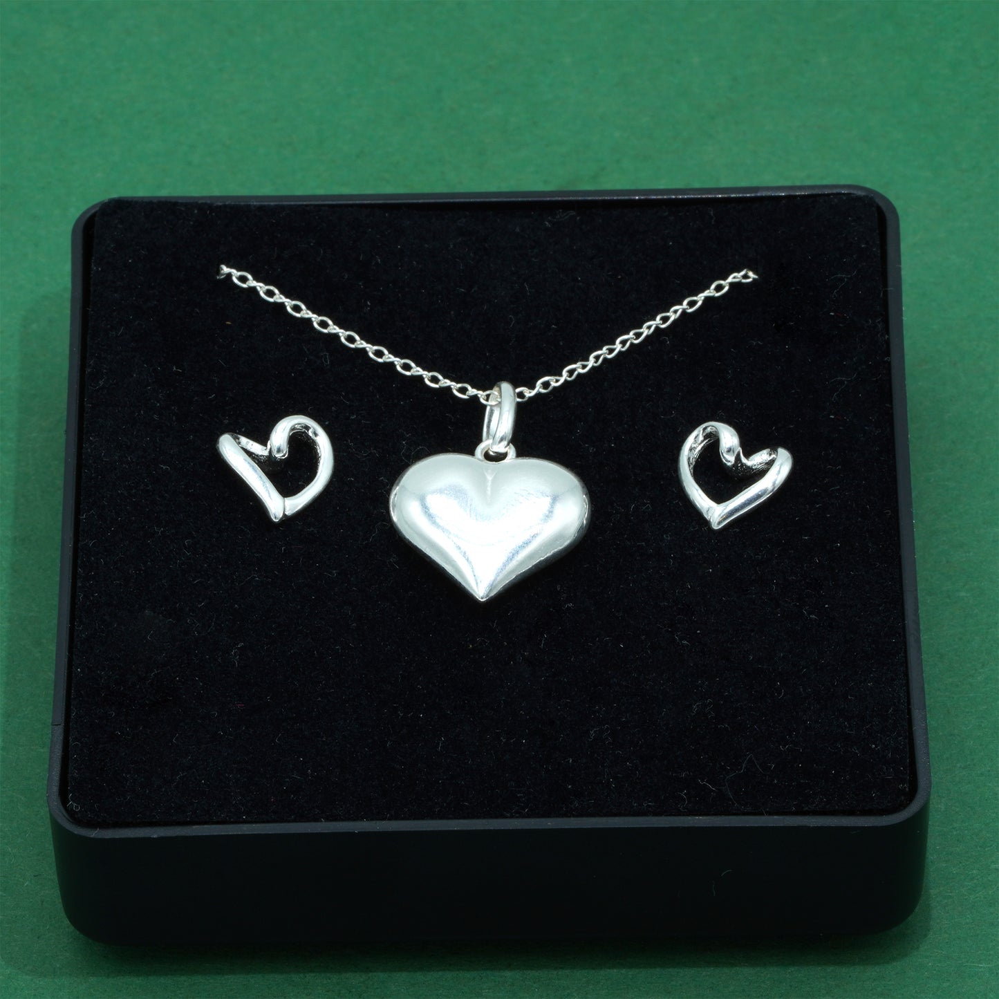 925 Sterling Silver Puffed Heart Pendant Necklace & Open Heart Stud Earrings Set, Romantic Jewellery Gift for Her, Supplied in Gift Box