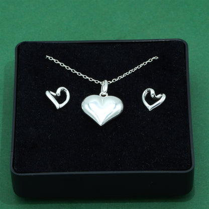 925 Sterling Silver Puffed Heart Pendant Necklace & Open Heart Stud Earrings Set, Romantic Jewellery Gift for Her, Supplied in Gift Box