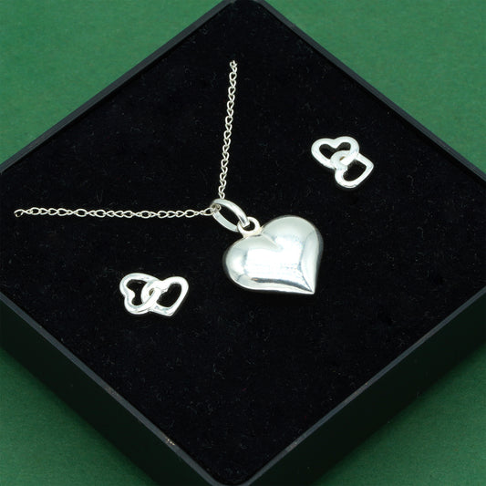 925 Sterling Silver Trace Cable Chain With Puffed Heart Pendant & Double Open Heart Earrings Set, Romantic Jewellery Gift For Her, Supplied In Gift Box