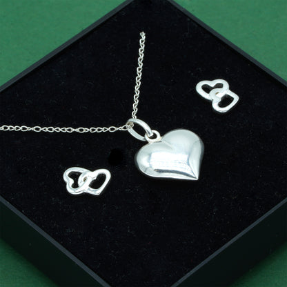 925 Sterling Silver Trace Cable Chain With Puffed Heart Pendant & Double Open Heart Earrings Set, Romantic Jewellery Gift For Her, Supplied In Gift Box
