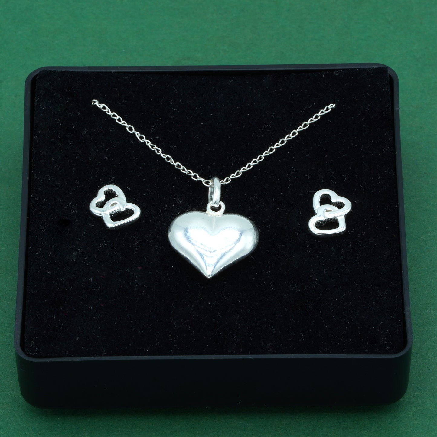 925 Sterling Silver Trace Cable Chain With Puffed Heart Pendant & Double Open Heart Earrings Set, Romantic Jewellery Gift For Her, Supplied In Gift Box