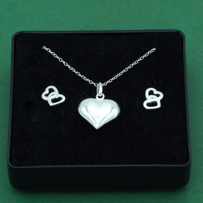 925 Sterling Silver Trace Cable Chain With Puffed Heart Pendant & Double Open Heart Earrings Set, Romantic Jewellery Gift For Her, Supplied In Gift Box
