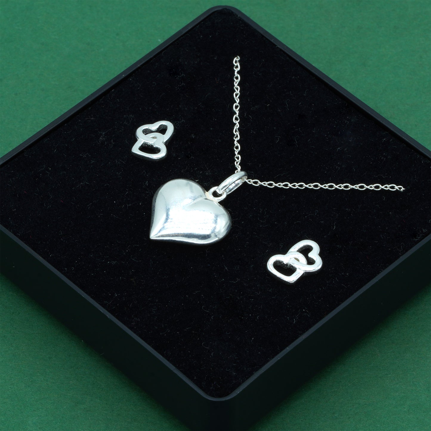 925 Sterling Silver Trace Cable Chain With Puffed Heart Pendant & Double Open Heart Earrings Set, Romantic Jewellery Gift For Her, Supplied In Gift Box
