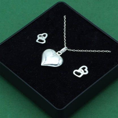 925 Sterling Silver Trace Cable Chain With Puffed Heart Pendant & Double Open Heart Earrings Set, Romantic Jewellery Gift For Her, Supplied In Gift Box