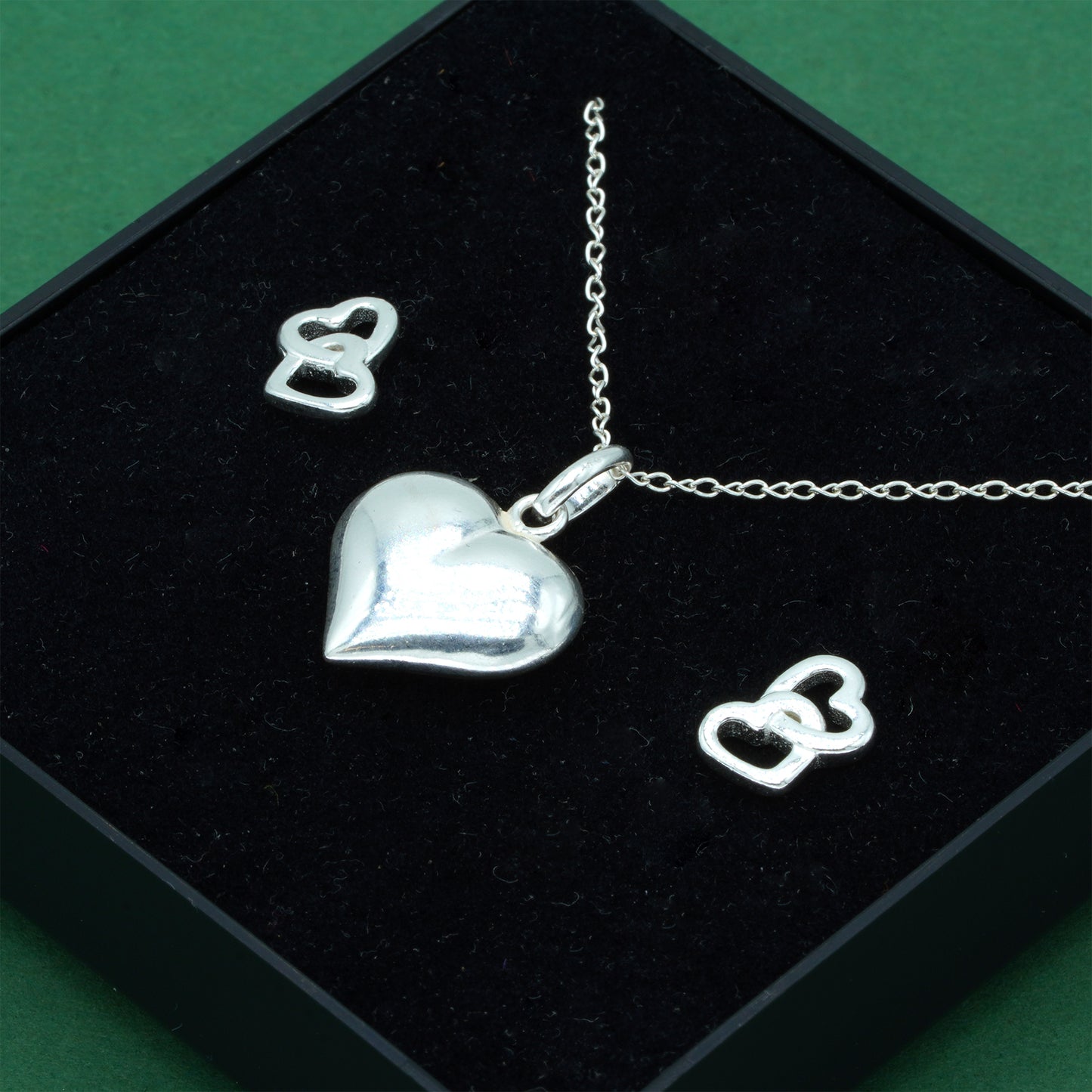 925 Sterling Silver Trace Cable Chain With Puffed Heart Pendant & Double Open Heart Earrings Set, Romantic Jewellery Gift For Her, Supplied In Gift Box