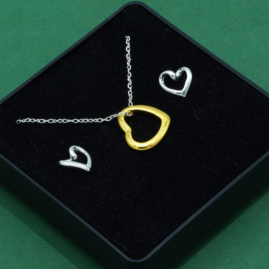 925 Sterling Silver Trace Cable Chain With 18k Flash Gold Plated Open Heart Pendant Necklace & 925 Sterling Silver Heart Stud Earrings Set, Romantic Jewellery Gift for Her, Supplied in Gift Box