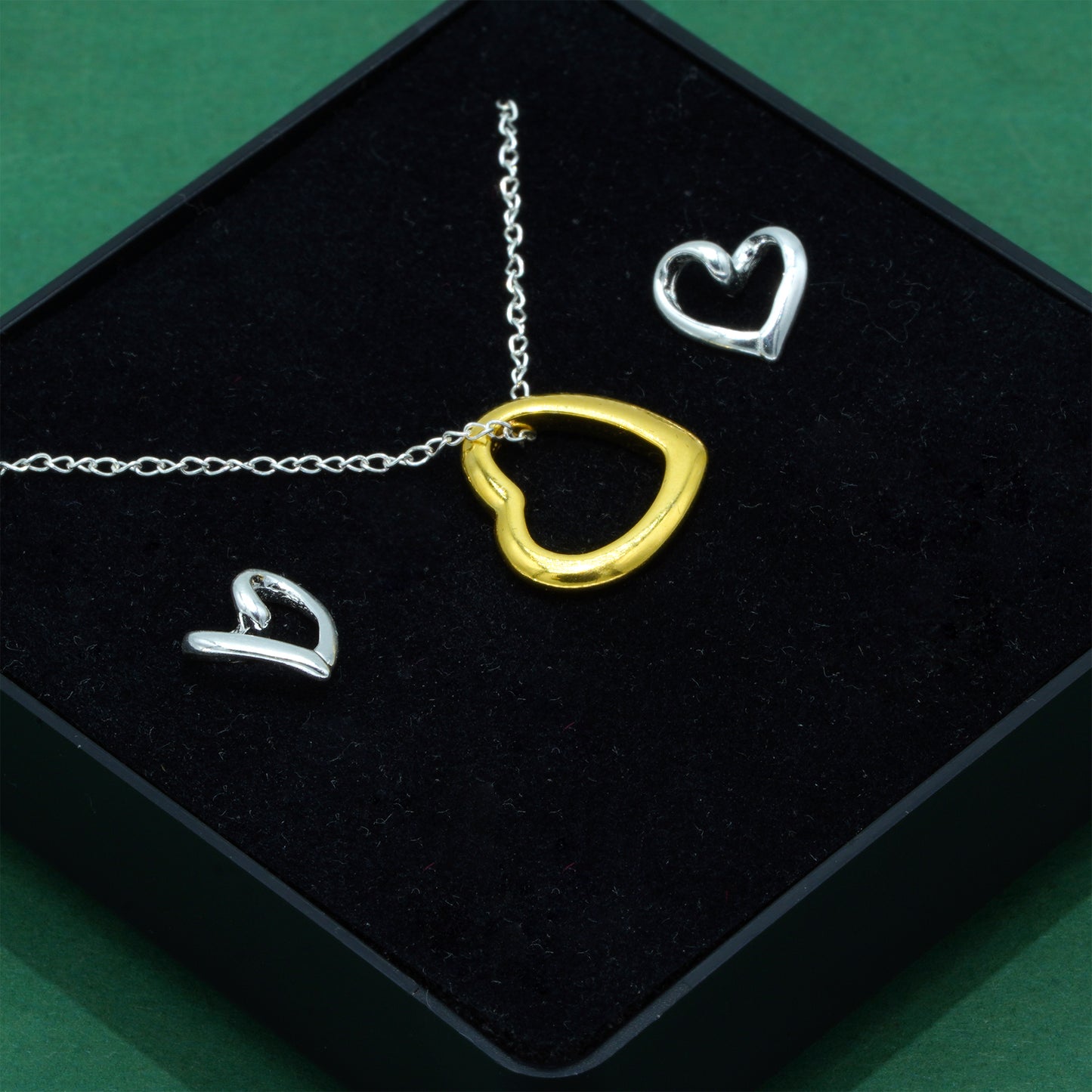 925 Sterling Silver Trace Cable Chain With 18k Flash Gold Plated Open Heart Pendant Necklace & 925 Sterling Silver Heart Stud Earrings Set, Romantic Jewellery Gift for Her, Supplied in Gift Box