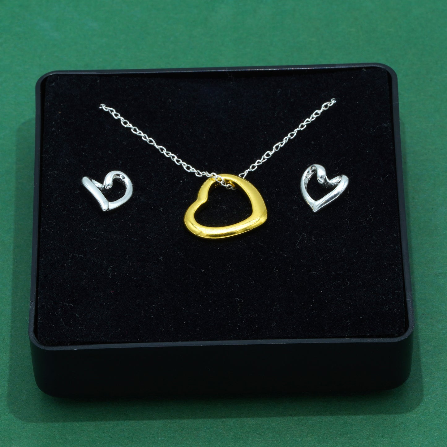 925 Sterling Silver Trace Cable Chain With 18k Flash Gold Plated Open Heart Pendant Necklace & 925 Sterling Silver Heart Stud Earrings Set, Romantic Jewellery Gift for Her, Supplied in Gift Box