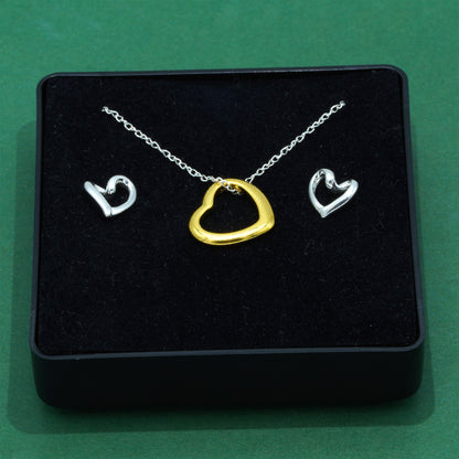 925 Sterling Silver Trace Cable Chain With 18k Flash Gold Plated Open Heart Pendant Necklace & 925 Sterling Silver Heart Stud Earrings Set, Romantic Jewellery Gift for Her, Supplied in Gift Box