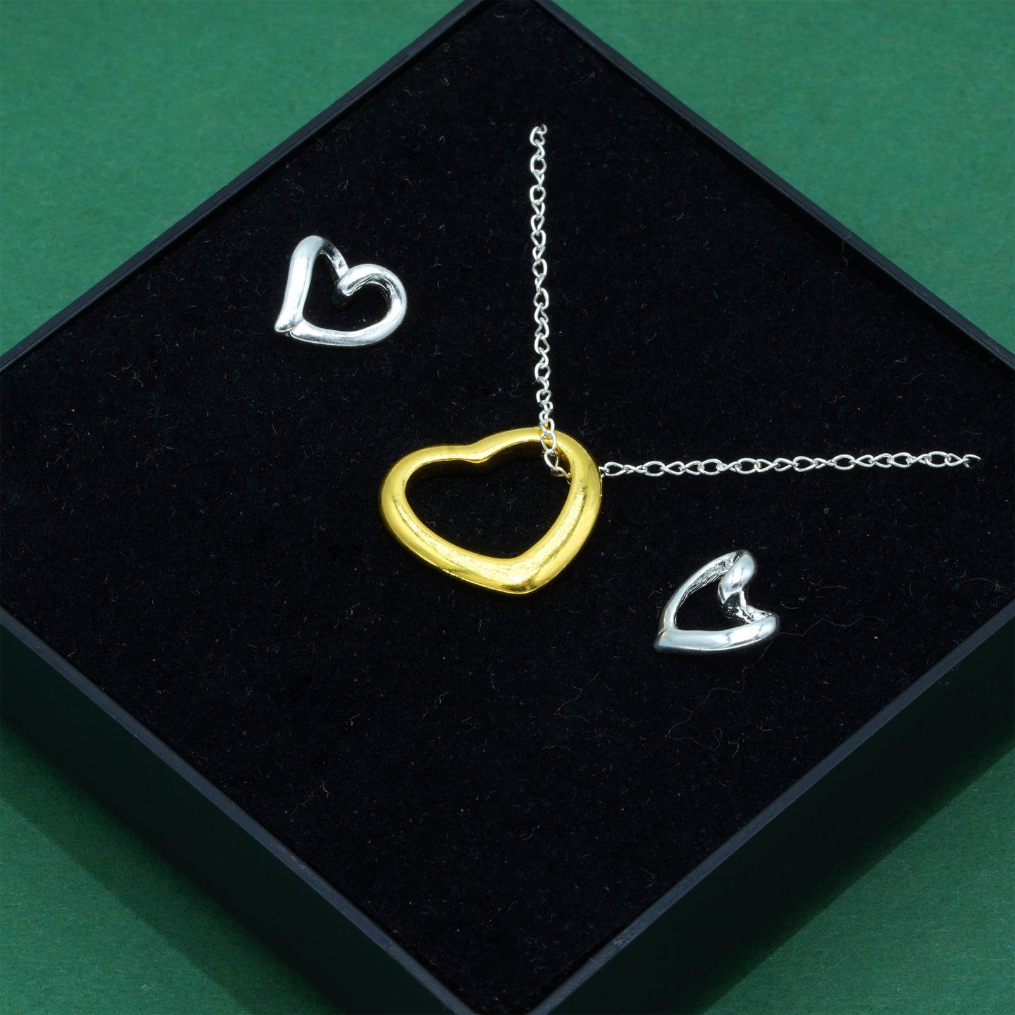 925 Sterling Silver Trace Cable Chain With 18k Flash Gold Plated Open Heart Pendant Necklace & 925 Sterling Silver Heart Stud Earrings Set, Romantic Jewellery Gift for Her, Supplied in Gift Box