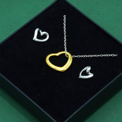 925 Sterling Silver Trace Cable Chain With 18k Flash Gold Plated Open Heart Pendant Necklace & 925 Sterling Silver Heart Stud Earrings Set, Romantic Jewellery Gift for Her, Supplied in Gift Box