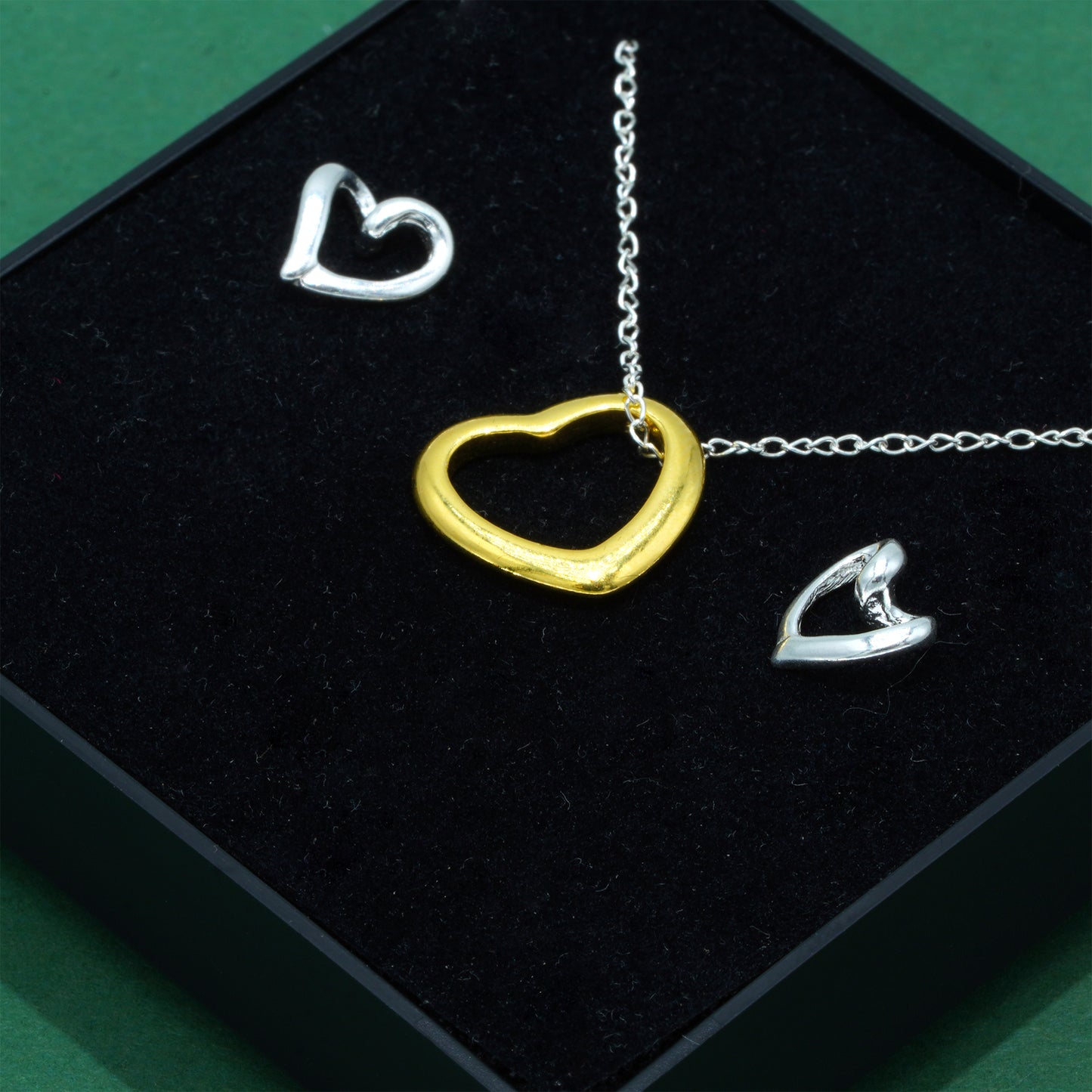 925 Sterling Silver Trace Cable Chain With 18k Flash Gold Plated Open Heart Pendant Necklace & 925 Sterling Silver Heart Stud Earrings Set, Romantic Jewellery Gift for Her, Supplied in Gift Box