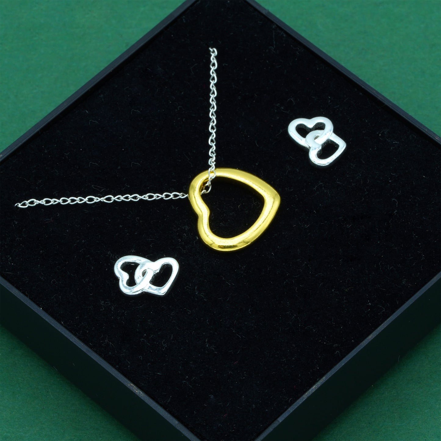 925 Sterling Silver Trace Cable Chain With 18K Flash Gold Played Open Heart & 925 Sterling Silver Double Open Heart Stud Earrings Set, Romantic Jewellery Gift For Her, Supplied In Gift Box