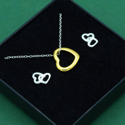 925 Sterling Silver Trace Cable Chain With 18K Flash Gold Played Open Heart & 925 Sterling Silver Double Open Heart Stud Earrings Set, Romantic Jewellery Gift For Her, Supplied In Gift Box