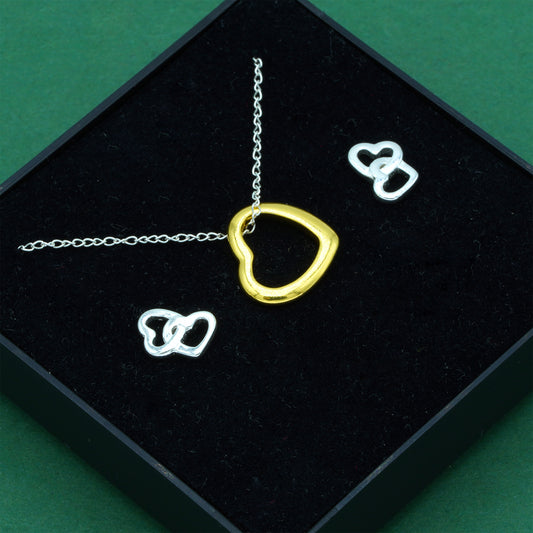 925 Sterling Silver Trace Cable Chain With 18K Flash Gold Played Open Heart & 925 Sterling Silver Double Open Heart Stud Earrings Set, Romantic Jewellery Gift For Her, Supplied In Gift Box