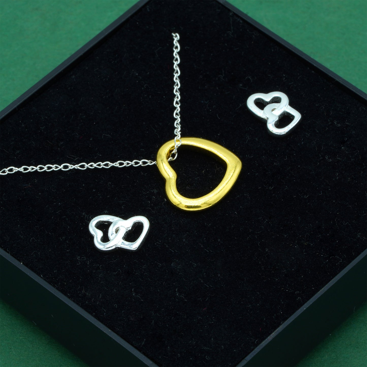 925 Sterling Silver Trace Cable Chain With 18K Flash Gold Played Open Heart & 925 Sterling Silver Double Open Heart Stud Earrings Set, Romantic Jewellery Gift For Her, Supplied In Gift Box