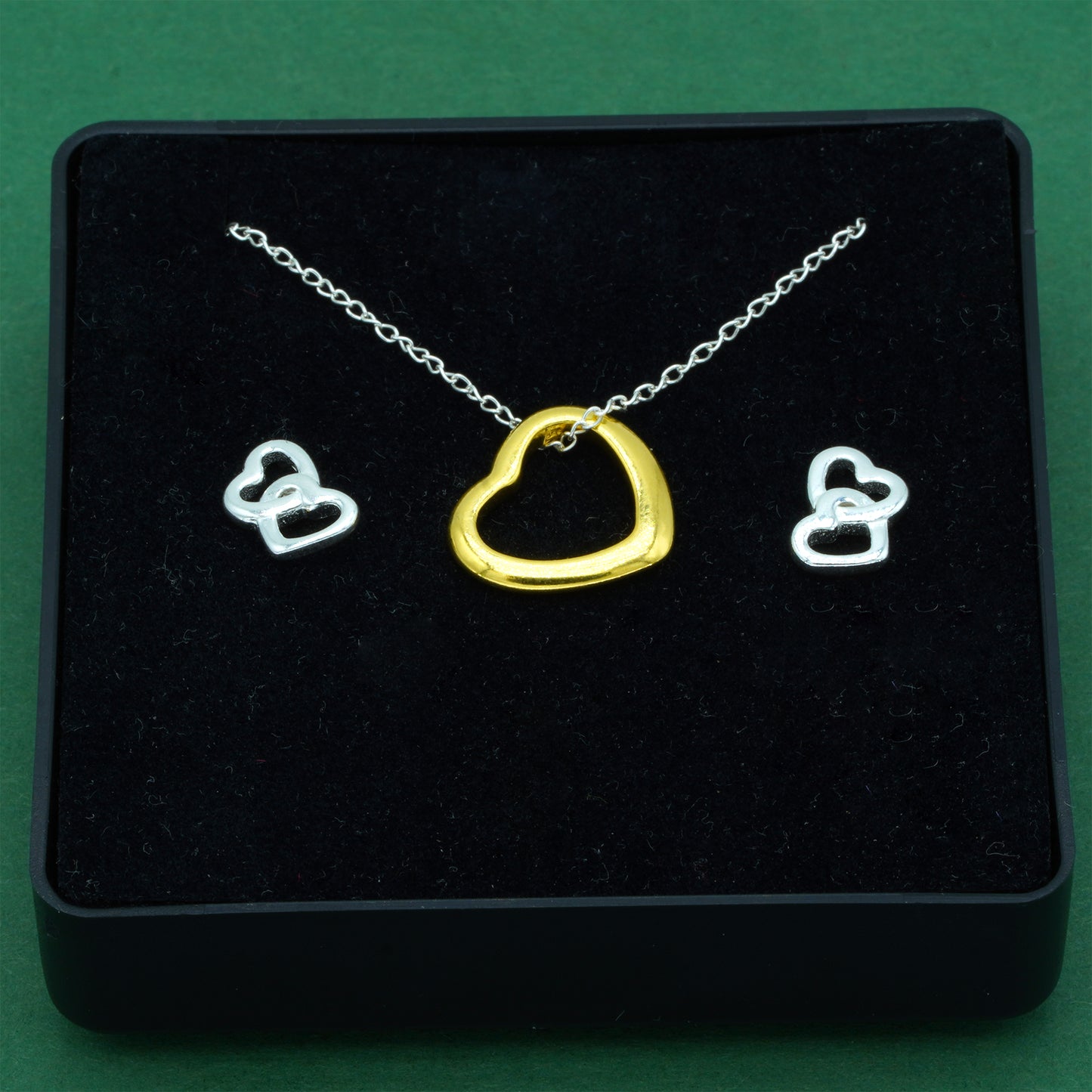 925 Sterling Silver Trace Cable Chain With 18K Flash Gold Played Open Heart & 925 Sterling Silver Double Open Heart Stud Earrings Set, Romantic Jewellery Gift For Her, Supplied In Gift Box