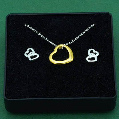 925 Sterling Silver Trace Cable Chain With 18K Flash Gold Played Open Heart & 925 Sterling Silver Double Open Heart Stud Earrings Set, Romantic Jewellery Gift For Her, Supplied In Gift Box