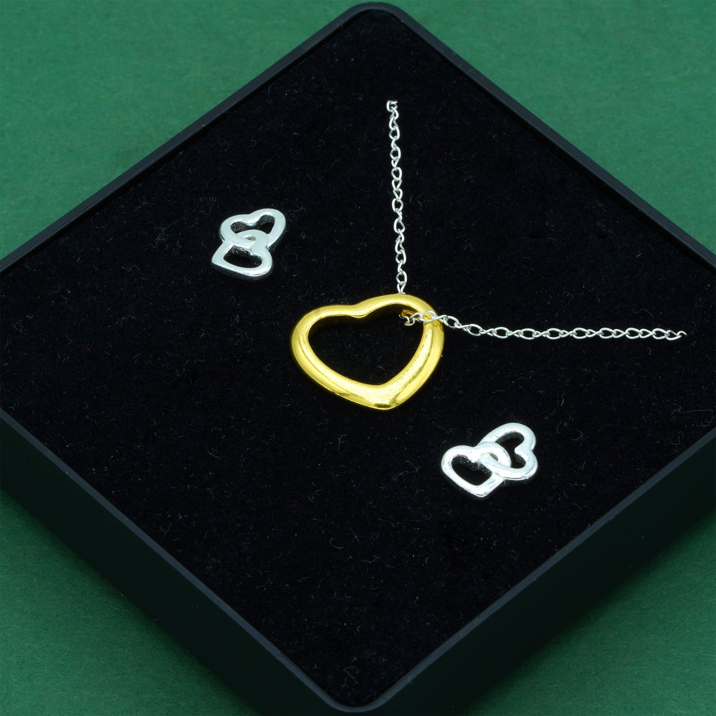 925 Sterling Silver Trace Cable Chain With 18K Flash Gold Played Open Heart & 925 Sterling Silver Double Open Heart Stud Earrings Set, Romantic Jewellery Gift For Her, Supplied In Gift Box