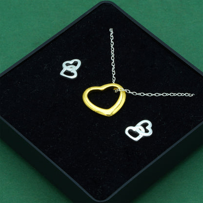 925 Sterling Silver Trace Cable Chain With 18K Flash Gold Played Open Heart & 925 Sterling Silver Double Open Heart Stud Earrings Set, Romantic Jewellery Gift For Her, Supplied In Gift Box
