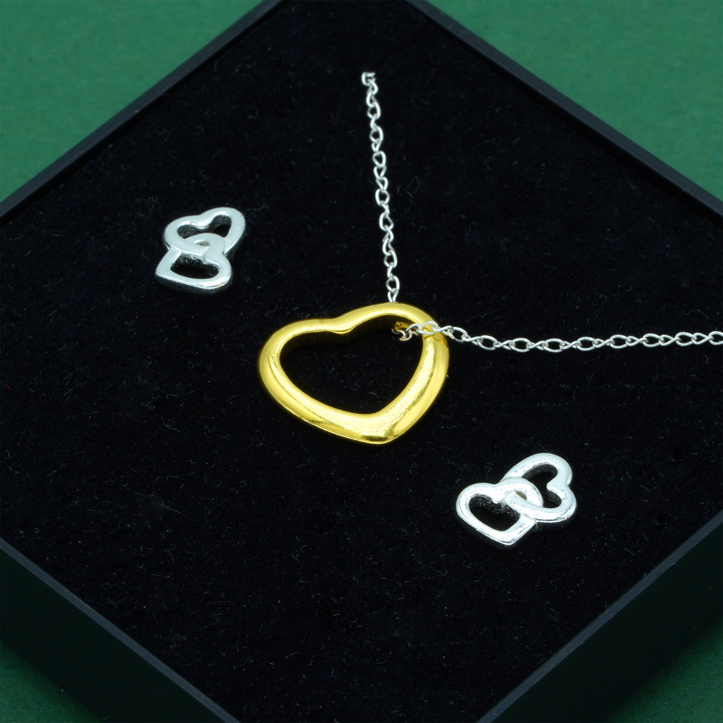 925 Sterling Silver Trace Cable Chain With 18K Flash Gold Played Open Heart & 925 Sterling Silver Double Open Heart Stud Earrings Set, Romantic Jewellery Gift For Her, Supplied In Gift Box