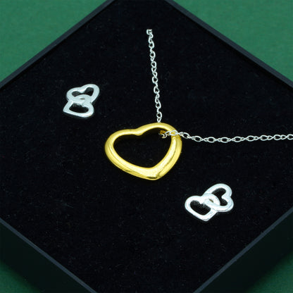 925 Sterling Silver Trace Cable Chain With 18K Flash Gold Played Open Heart & 925 Sterling Silver Double Open Heart Stud Earrings Set, Romantic Jewellery Gift For Her, Supplied In Gift Box