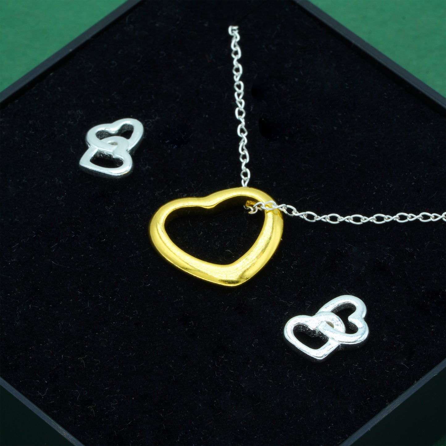 925 Sterling Silver Trace Cable Chain With 18K Flash Gold Played Open Heart & 925 Sterling Silver Double Open Heart Stud Earrings Set, Romantic Jewellery Gift For Her, Supplied In Gift Box