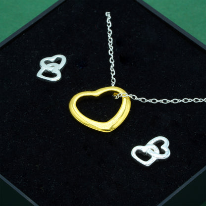925 Sterling Silver Trace Cable Chain With 18K Flash Gold Played Open Heart & 925 Sterling Silver Double Open Heart Stud Earrings Set, Romantic Jewellery Gift For Her, Supplied In Gift Box