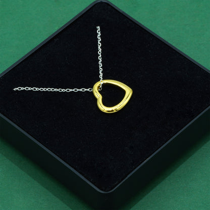 925 Sterling Silver Trace Cable Chain With 18K Flash Gold Plated Open Heart Pendant Necklace, Minimalist Love Necklace, Supplied in Gift Box