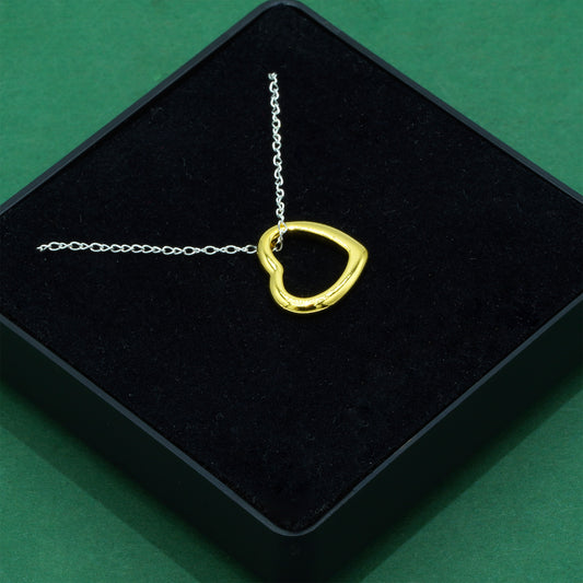925 Sterling Silver Trace Cable Chain With 18K Flash Gold Plated Open Heart Pendant Necklace, Minimalist Love Necklace, Supplied in Gift Box