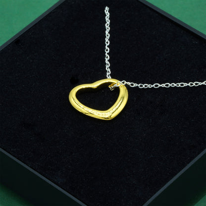 925 Sterling Silver Trace Cable Chain With 18K Flash Gold Plated Open Heart Pendant Necklace, Minimalist Love Necklace, Supplied in Gift Box