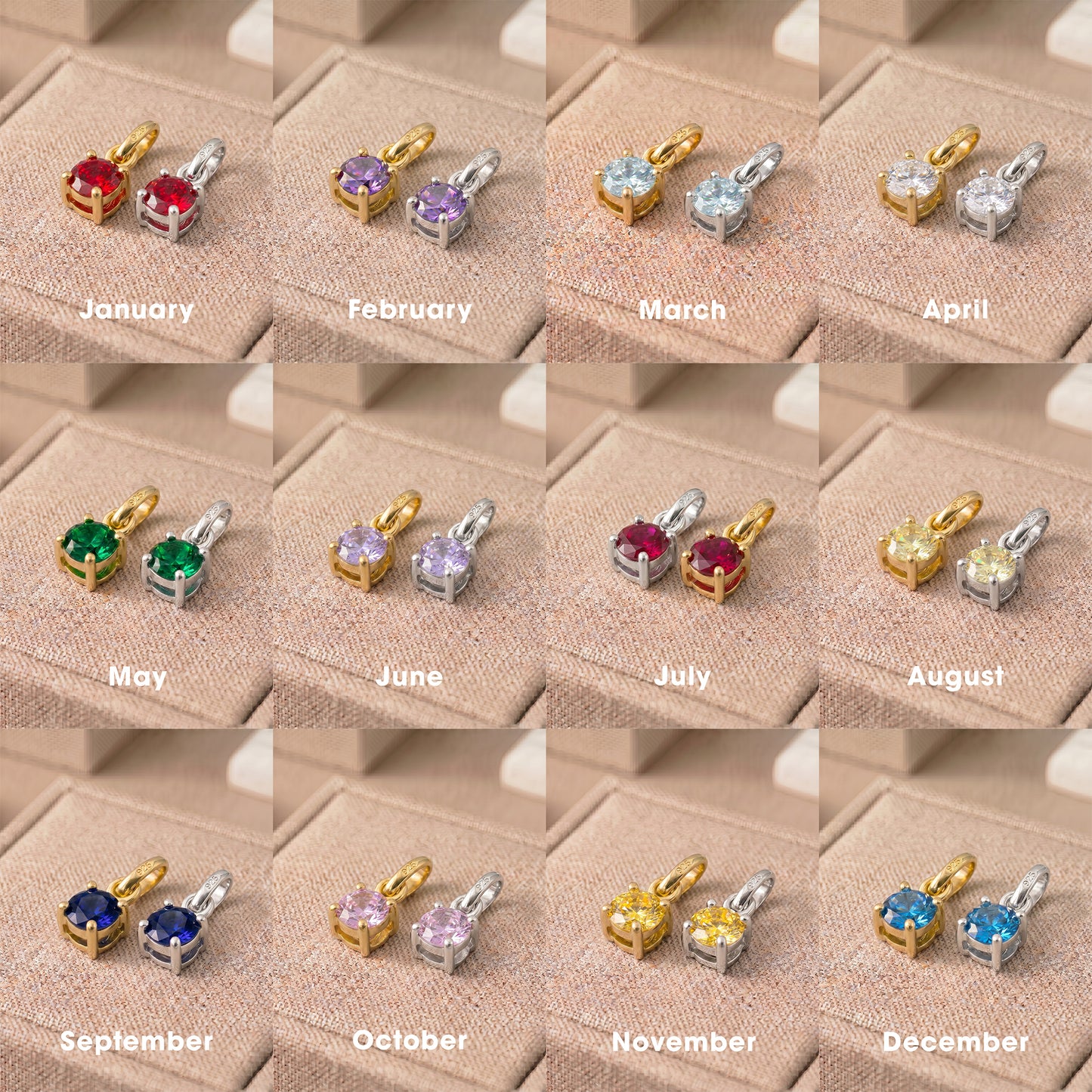 5mm Birthstone Gem Pendant/Charm, Sterling Silver/Gold Plated