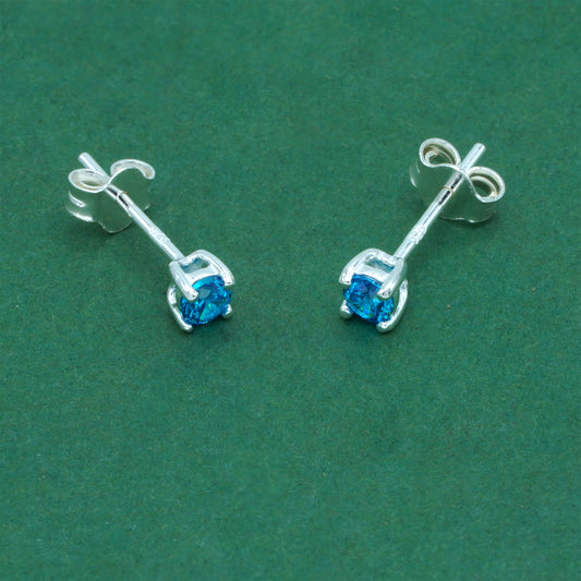 925 Sterling Silver Blue Tanzanite CZ Stud Earrings 4mm, Brilliant Blue Cubic Zirconia Studs, Minimal Dainty Crystal Earrings