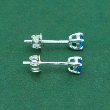 925 Sterling Silver Blue Tanzanite CZ Stud Earrings 4mm, Brilliant Blue Cubic Zirconia Studs, Minimal Dainty Crystal Earrings