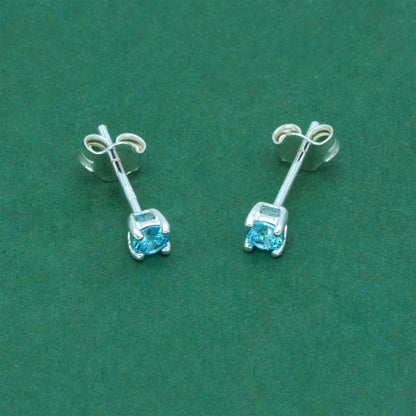 925 Sterling Silver Aquamarine CZ Stud Earrings 4mm, Light Blue Cubic Zirconia Studs, Minimal Dainty Crystal Earrings