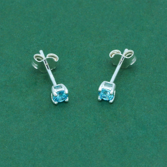 925 Sterling Silver Aquamarine CZ Stud Earrings 4mm, Light Blue Cubic Zirconia Studs, Minimal Dainty Crystal Earrings