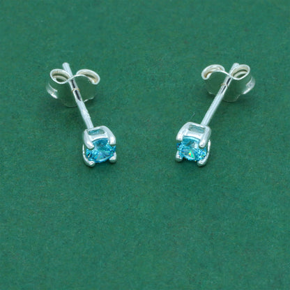 925 Sterling Silver Aquamarine CZ Stud Earrings 4mm, Light Blue Cubic Zirconia Studs, Minimal Dainty Crystal Earrings