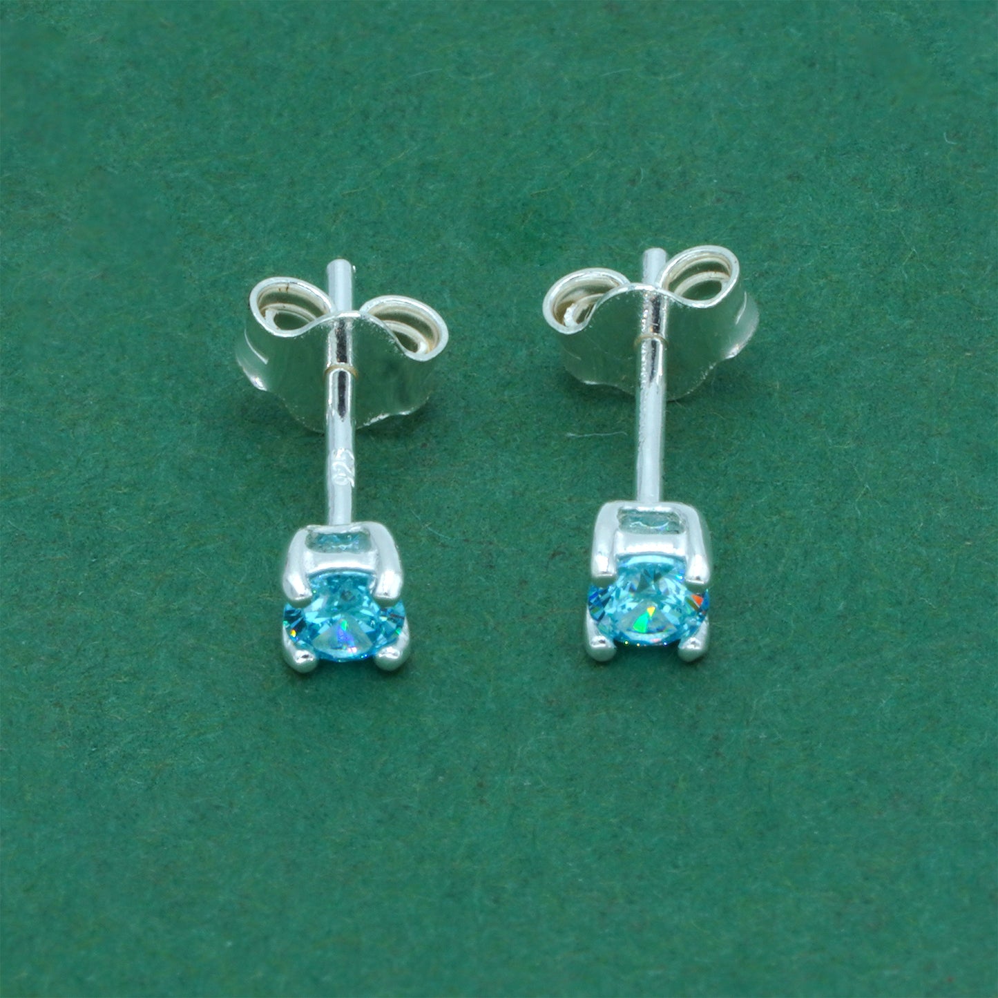 925 Sterling Silver Aquamarine CZ Stud Earrings 4mm, Light Blue Cubic Zirconia Studs, Minimal Dainty Crystal Earrings