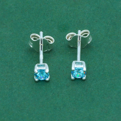 925 Sterling Silver Aquamarine CZ Stud Earrings 4mm, Light Blue Cubic Zirconia Studs, Minimal Dainty Crystal Earrings