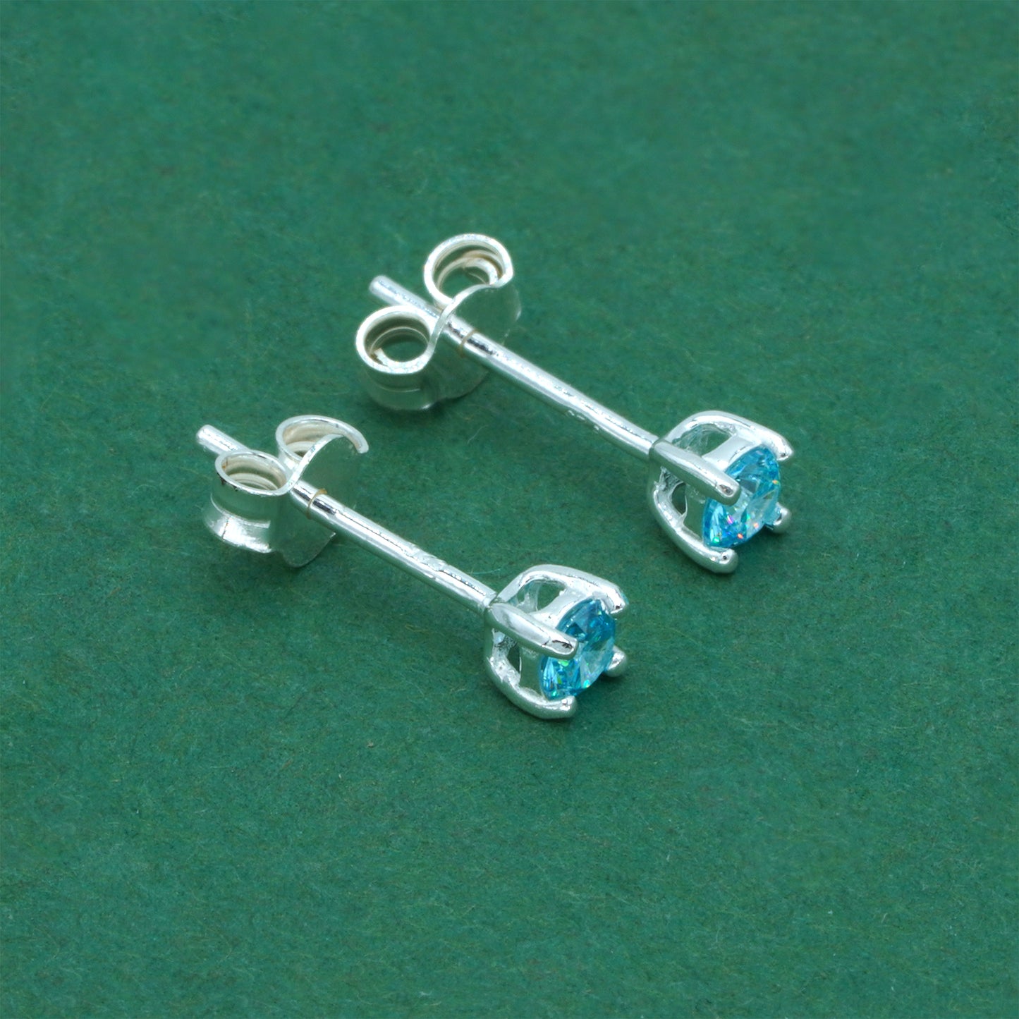 925 Sterling Silver Aquamarine CZ Stud Earrings 4mm, Light Blue Cubic Zirconia Studs, Minimal Dainty Crystal Earrings